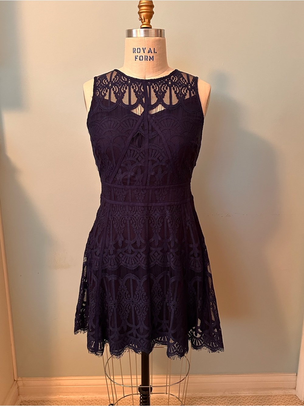 Navy Blue Lace Sleeveless Fit-and-Flare Dress